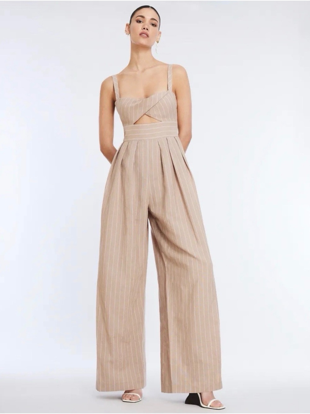 BCBGMaxAzria Beige Pinstripe Wide-Leg Cutout Jumpsuit